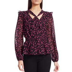 MILLY Floral Ruffle-Trim Tieneck Blouse Black Red Floral Top Size Medium